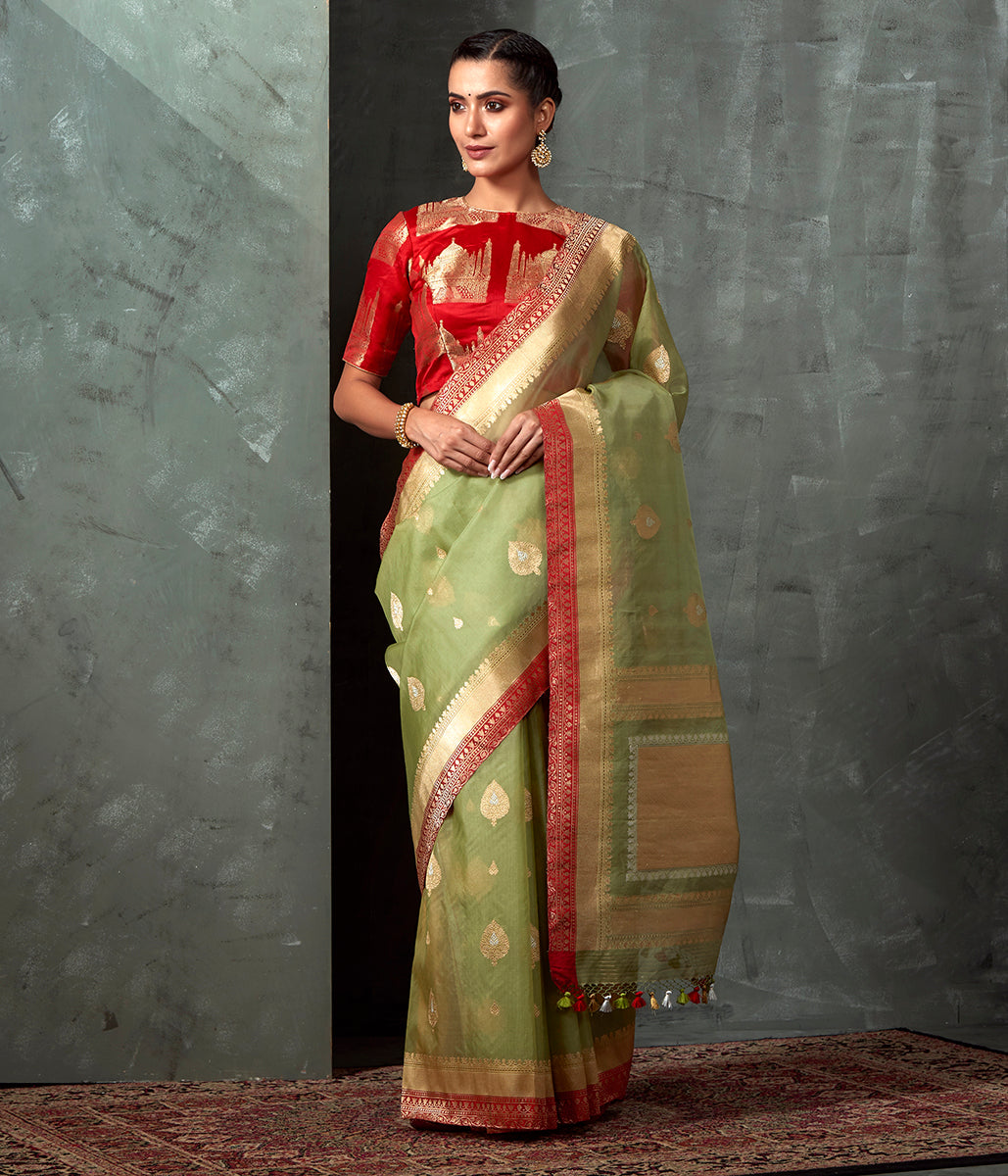 Handloom_Pista_Green_Kora_Saree_with_Red_Selvedge_WeaverStory_02