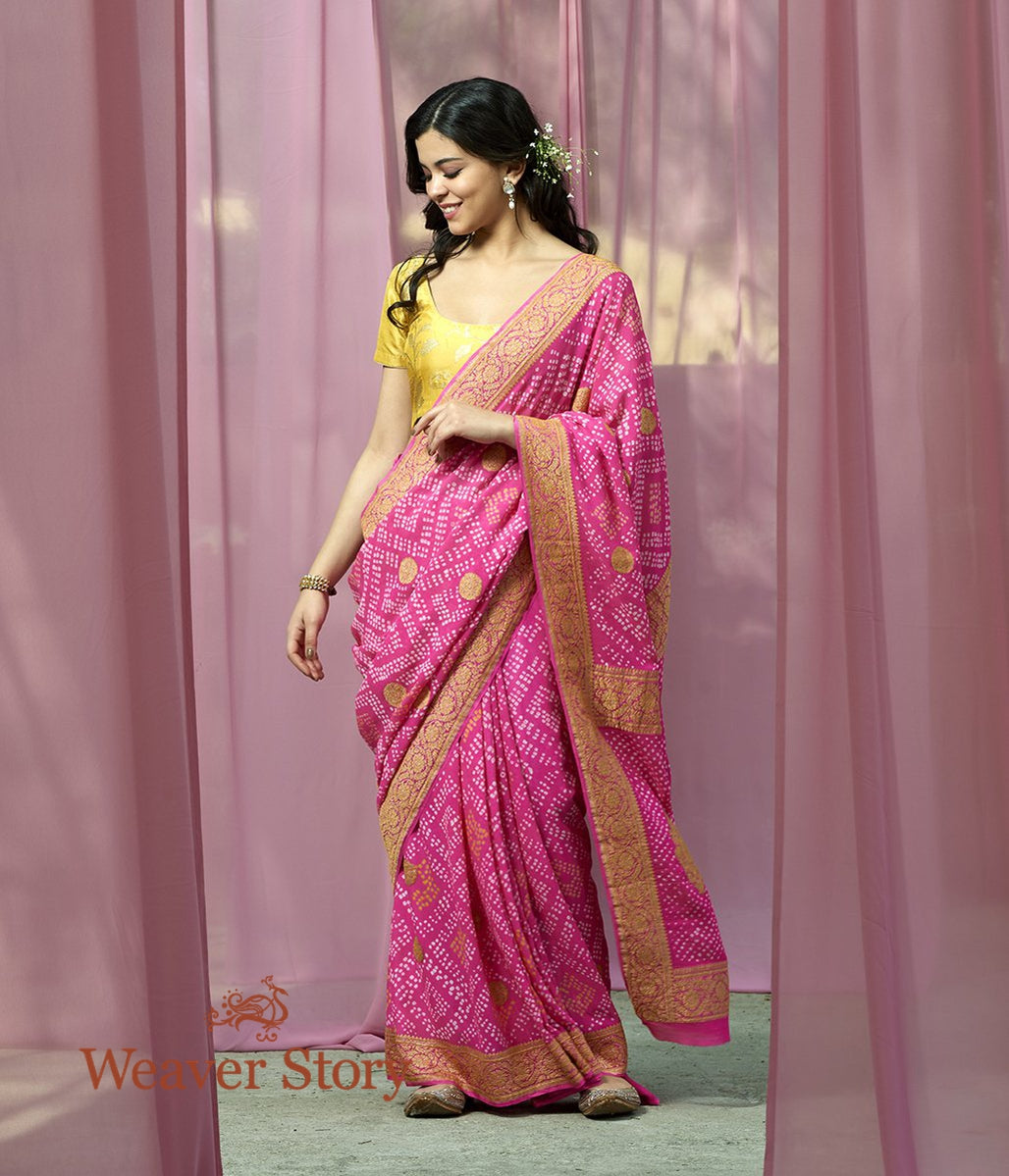 Handloom_Cuwork_Pink_Banarasi_Bandhej_Saree_with_Yellow_Border_WeaverStory_02