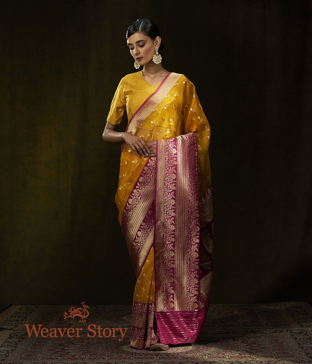 Handloom_Yellow_Kora_Silk_Banarasi_Saree_with_Pink_Border_WeaverStory_02