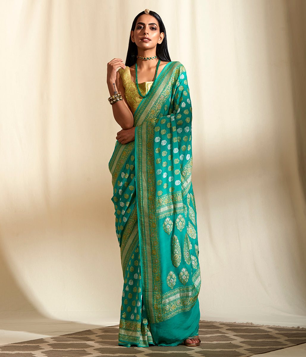 Handwoven_Teal_Green_Banarasi_Georgette_Jangla_Saree_WeaverStory_02