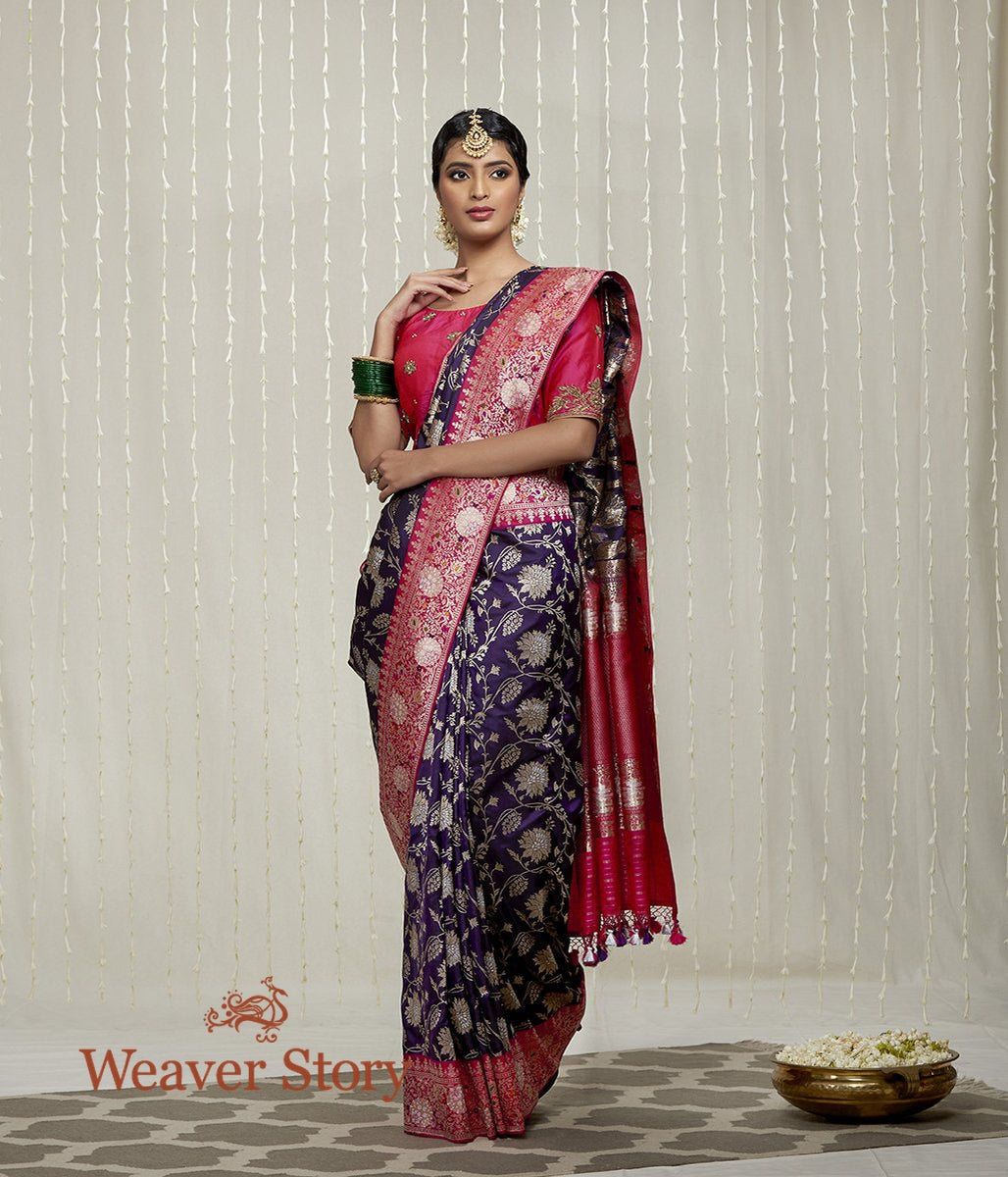 Handwoven_Purple_Heavy_Jangla_Saree_with_Pink_Border_WeaverStory_02