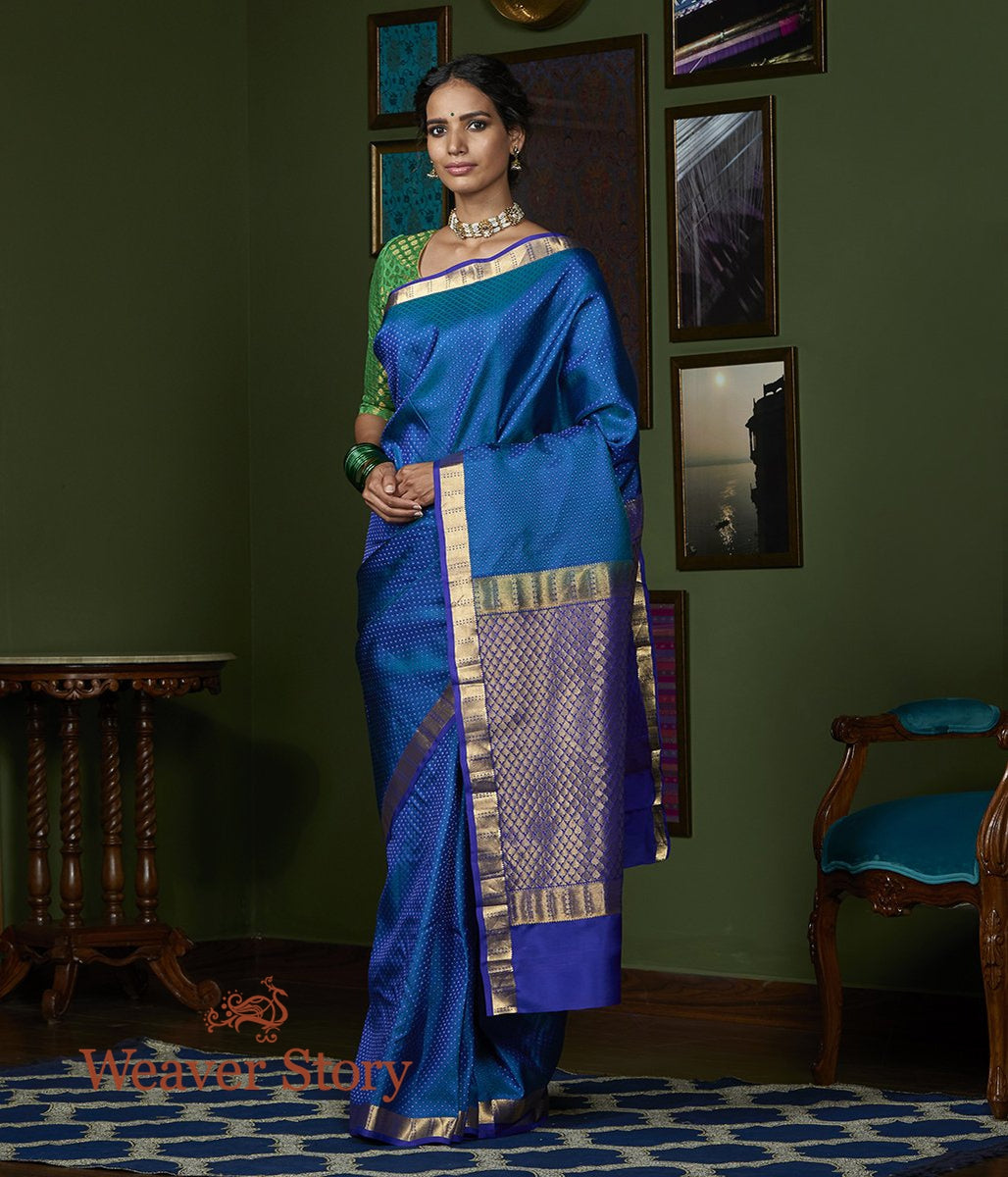 Handwoven_Peacock_Blue_Self_Weave_Kanjivaram_Saree_with_Purple_Border_WeaverStory_02