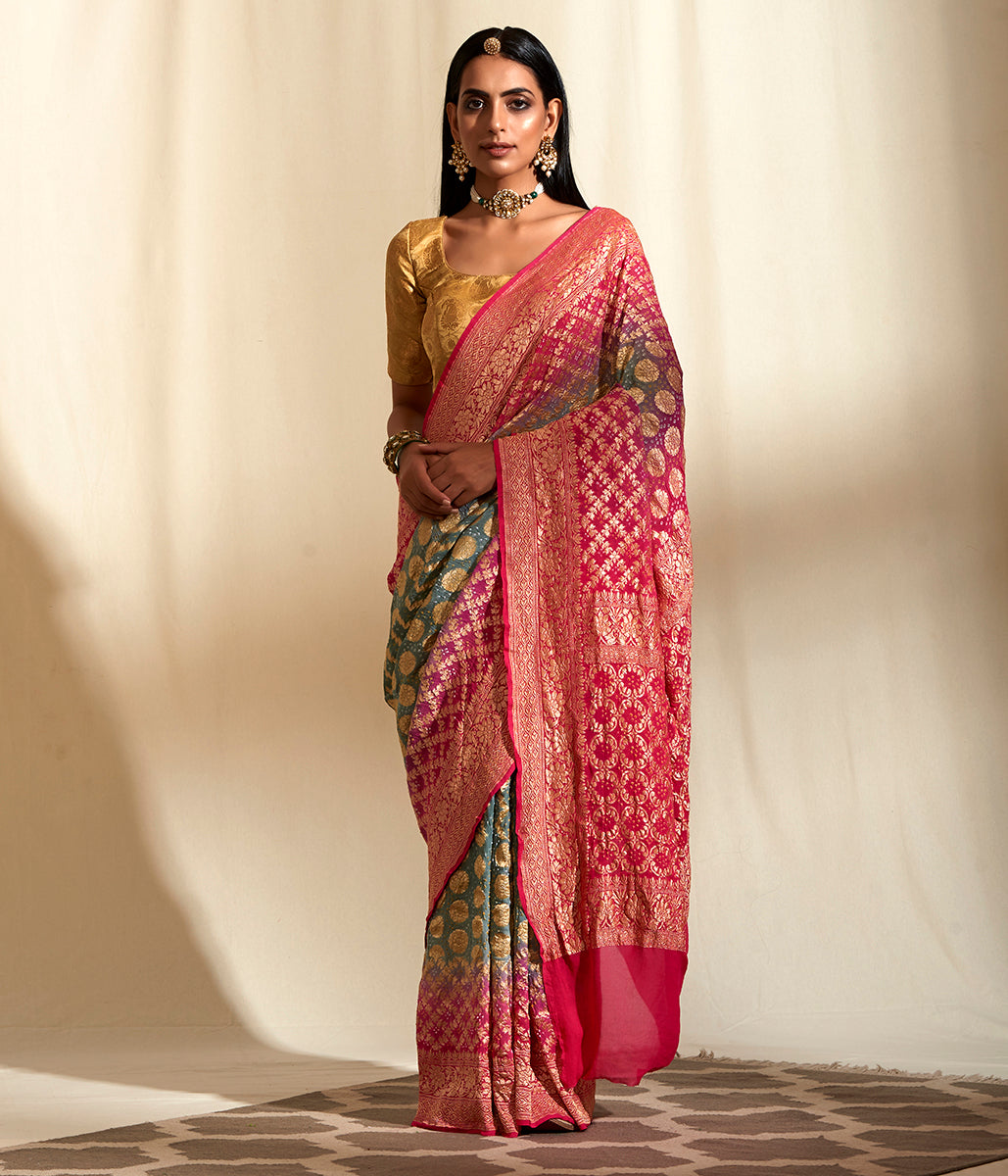 Handwoven_Banarasi_Bandhej_Saree_in_Light_Green_and_Pink_ombre_dye_WeaverStory_02