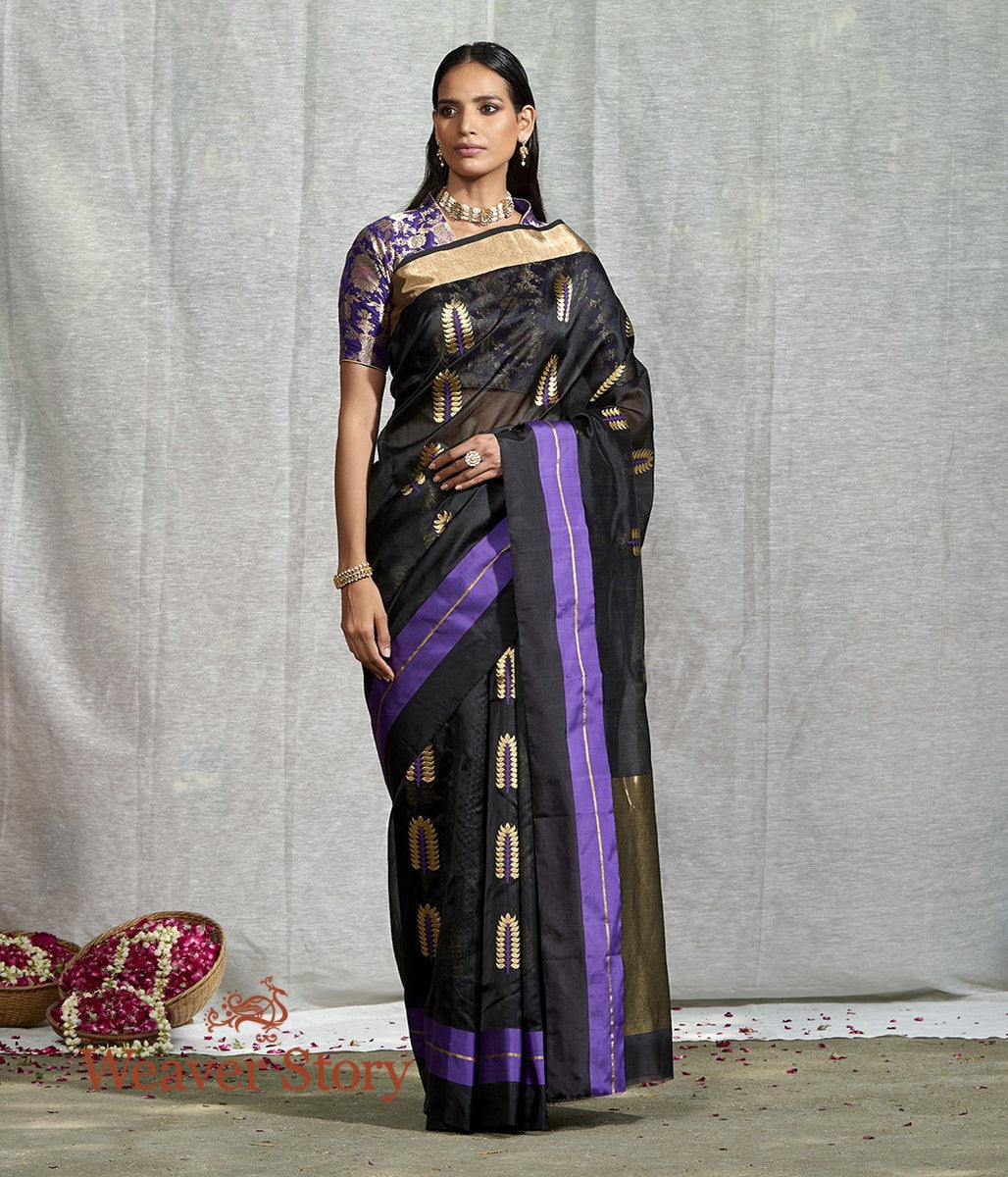 Handloom_Black_Chanderi_Saree_With_Purple_and_Gold_Leaf_Motif_WeaverStory_02