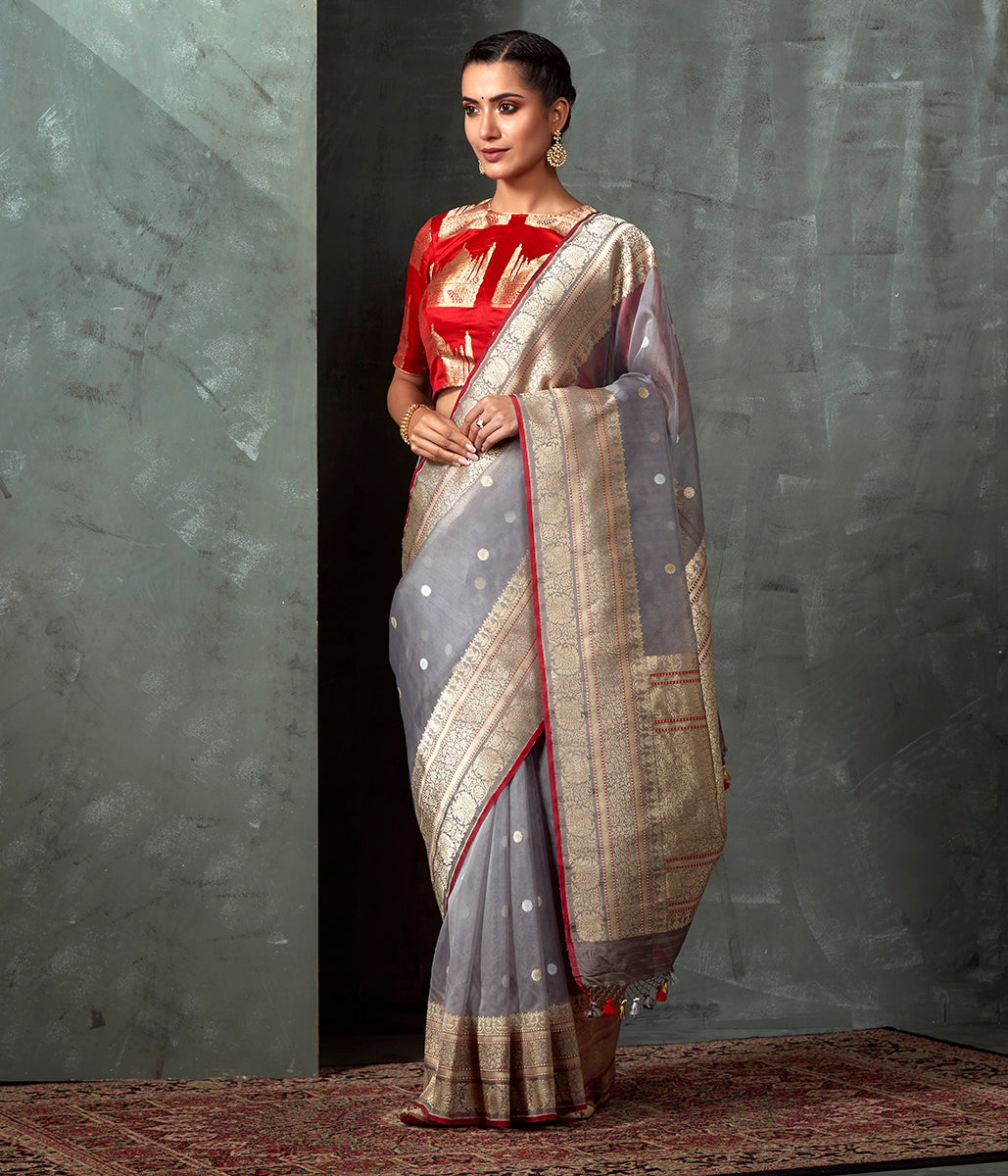 Handwoven_Grey_Asharfi_Boota_Kora_Saree_with_Red_Border_WeaverStory_02