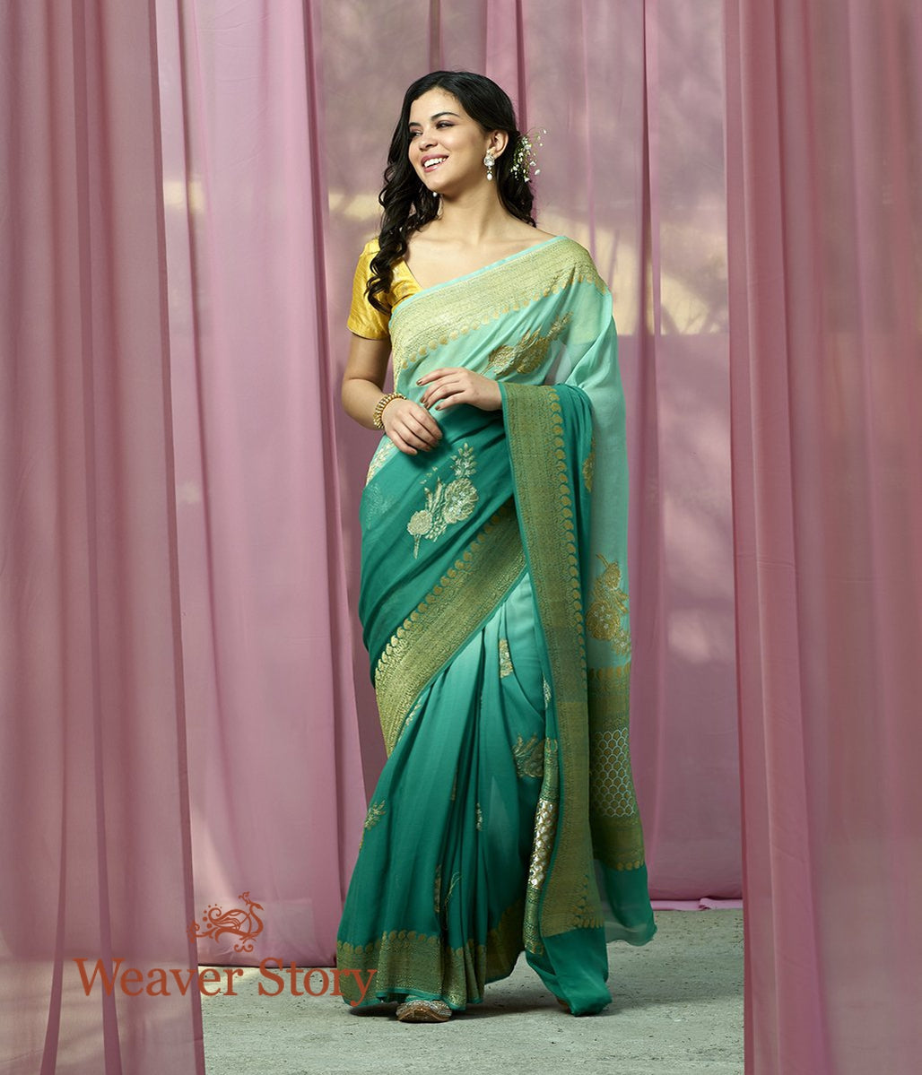 Handwoven_Ombre_Dyed_Green_Banarasi_Georgette_Saree_WeaverStory_02