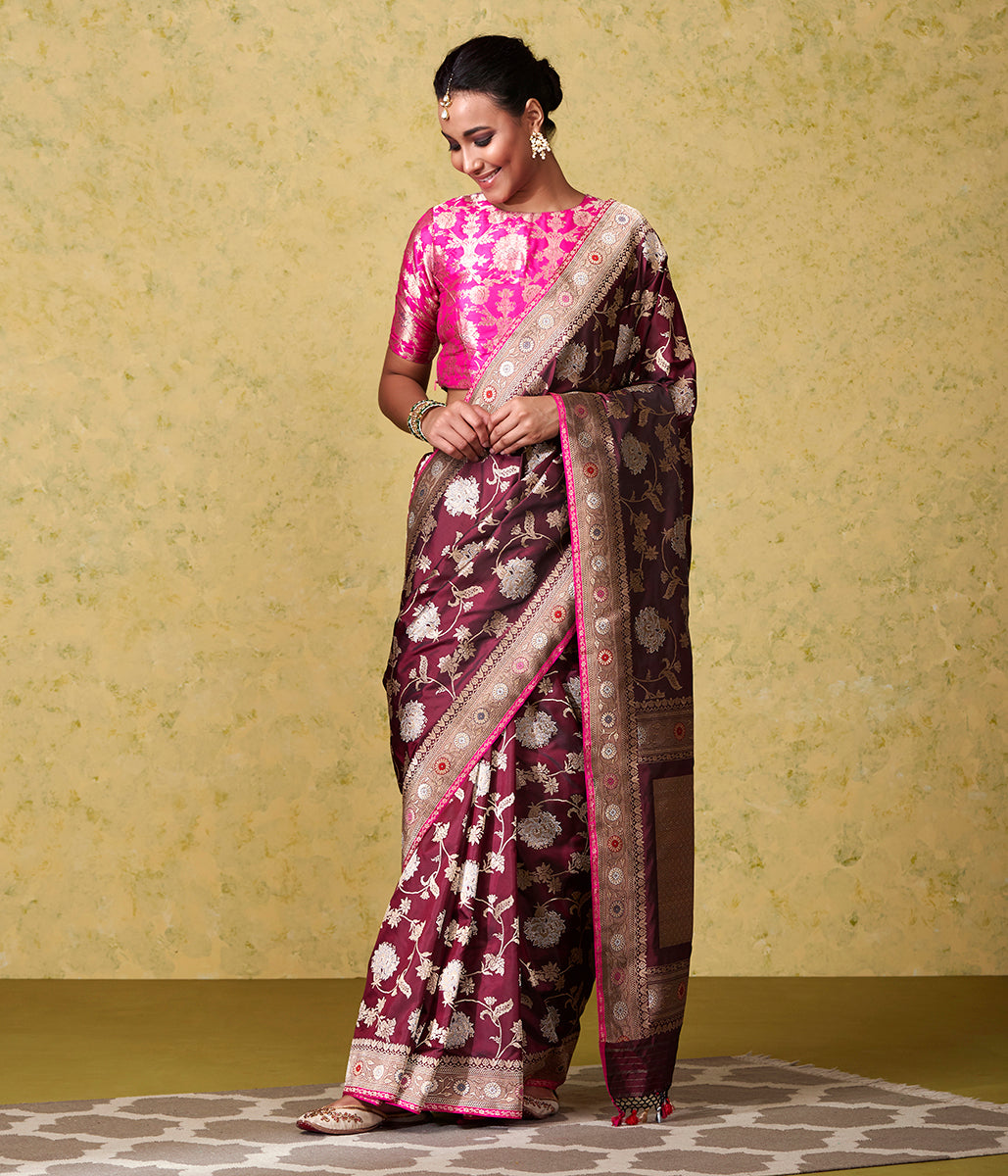 Handloom_Maroon_and_Black_Dual_Tone_Kadhwa_Jangla_Saree_with_Meenakari_Border_WeaverStory_02
