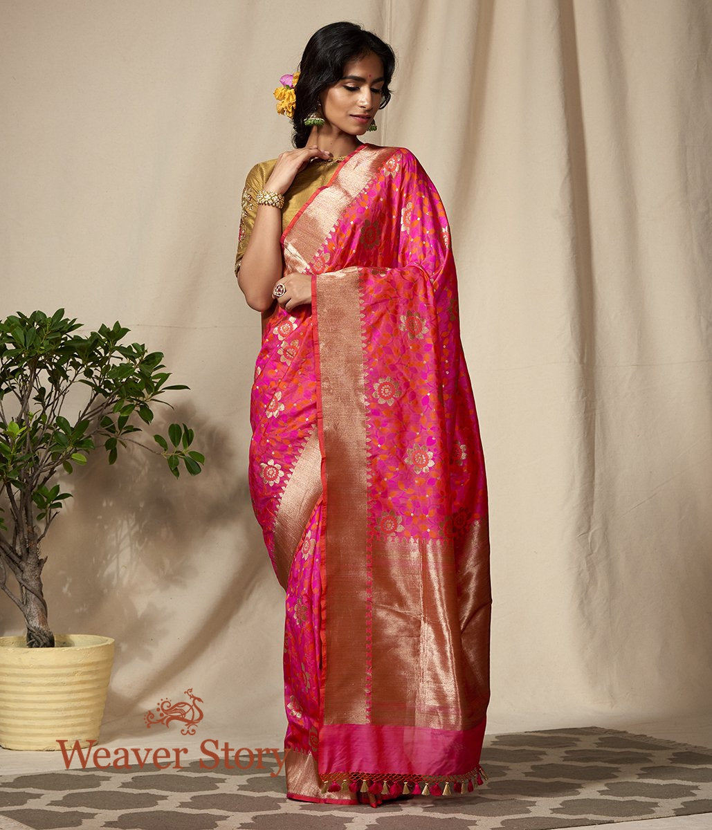 Handwoven_Pink_and_Orange_Antique_Zari_Floral_Jaal_Saree_WeaverStory_02
