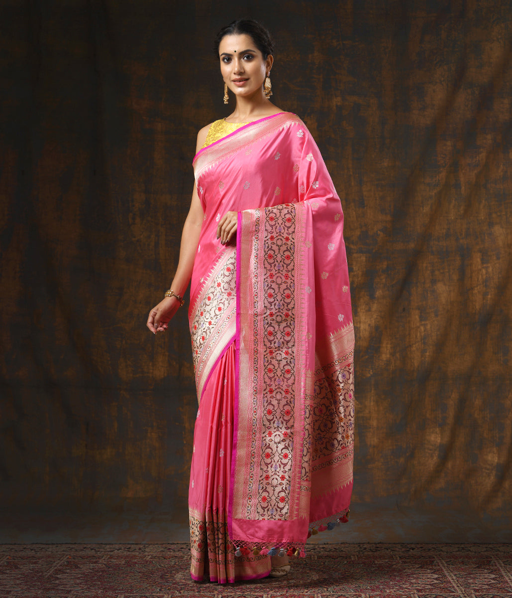 Handloom_Pink_Kadhwa_Booti_with_Gold_Zari_and_Meenakari_Border_WeaverStory_02