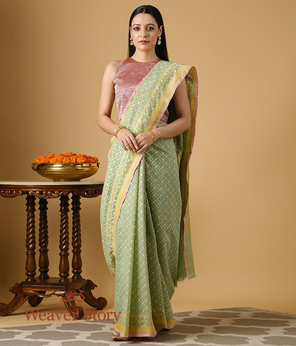 Handloom_Light_Green_Banarasi_Cotton_Saree_with_Gold_and_Silver_Zari_Jaal_WeaverStory_02