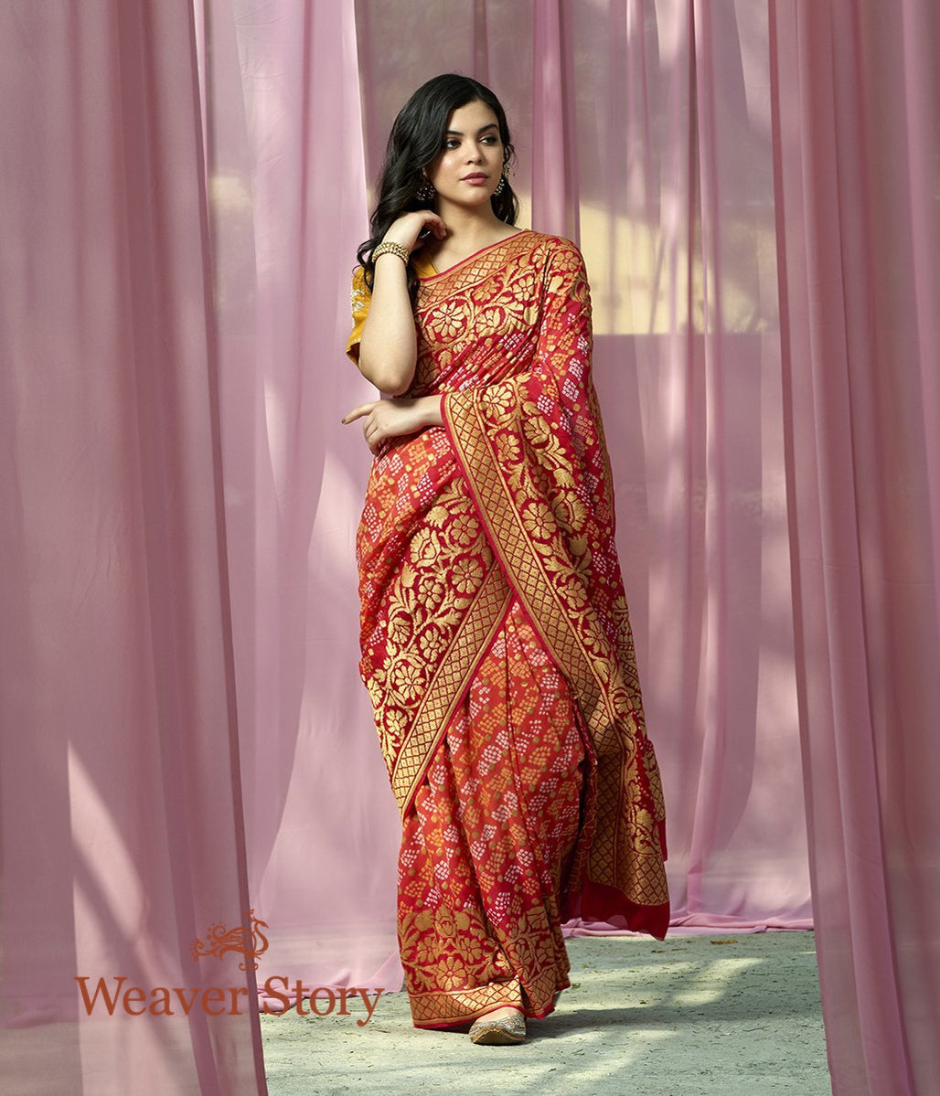 Handwoven_Orange_Red_Banarsi_Bandhej_Saree_WeaverStory_02