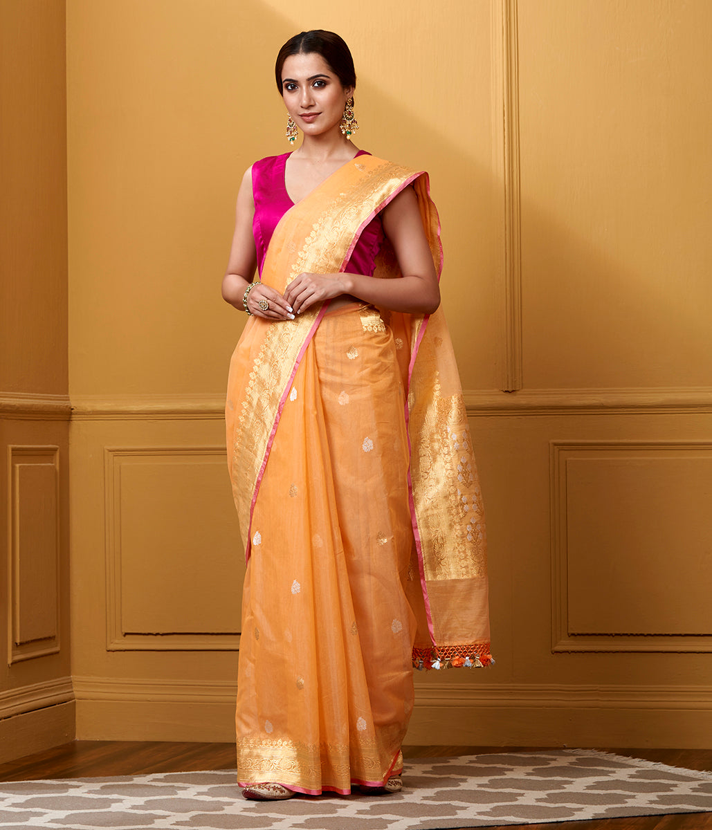 Handloom_Peach_Kora_Cotton_Saree_with_Kadhwa_Booti_WeaverStory_02