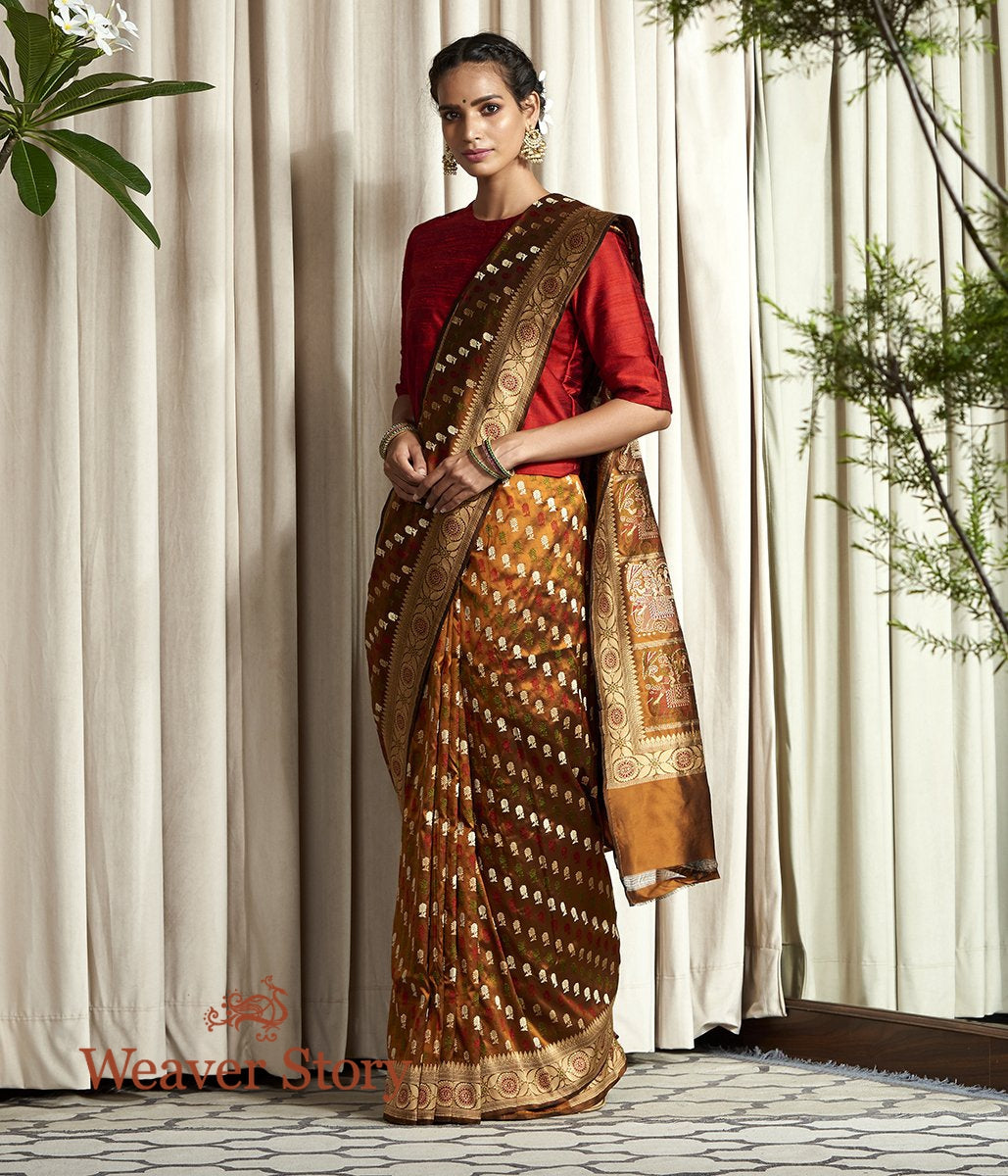Handloom_Copper_Baluchari_Saree_with_Elephant_Pallu_WeaverStory_02