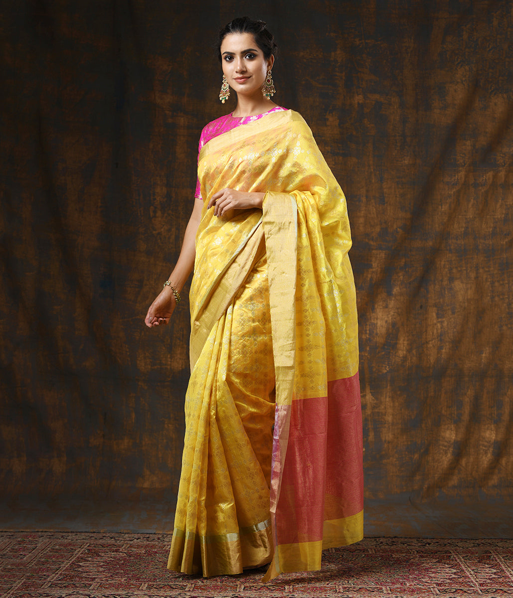 Handloom_Yellow_Chanderi_Silk_Saree_with_Gold_Silver_Zari_Jaal_WeaverStory_02