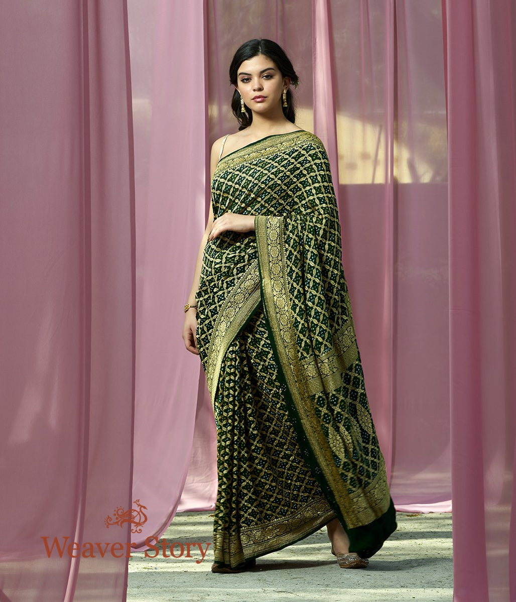 Handwoven_Bottle_Green_Banarasi_Bandhej_Saree_WeaverStory_02