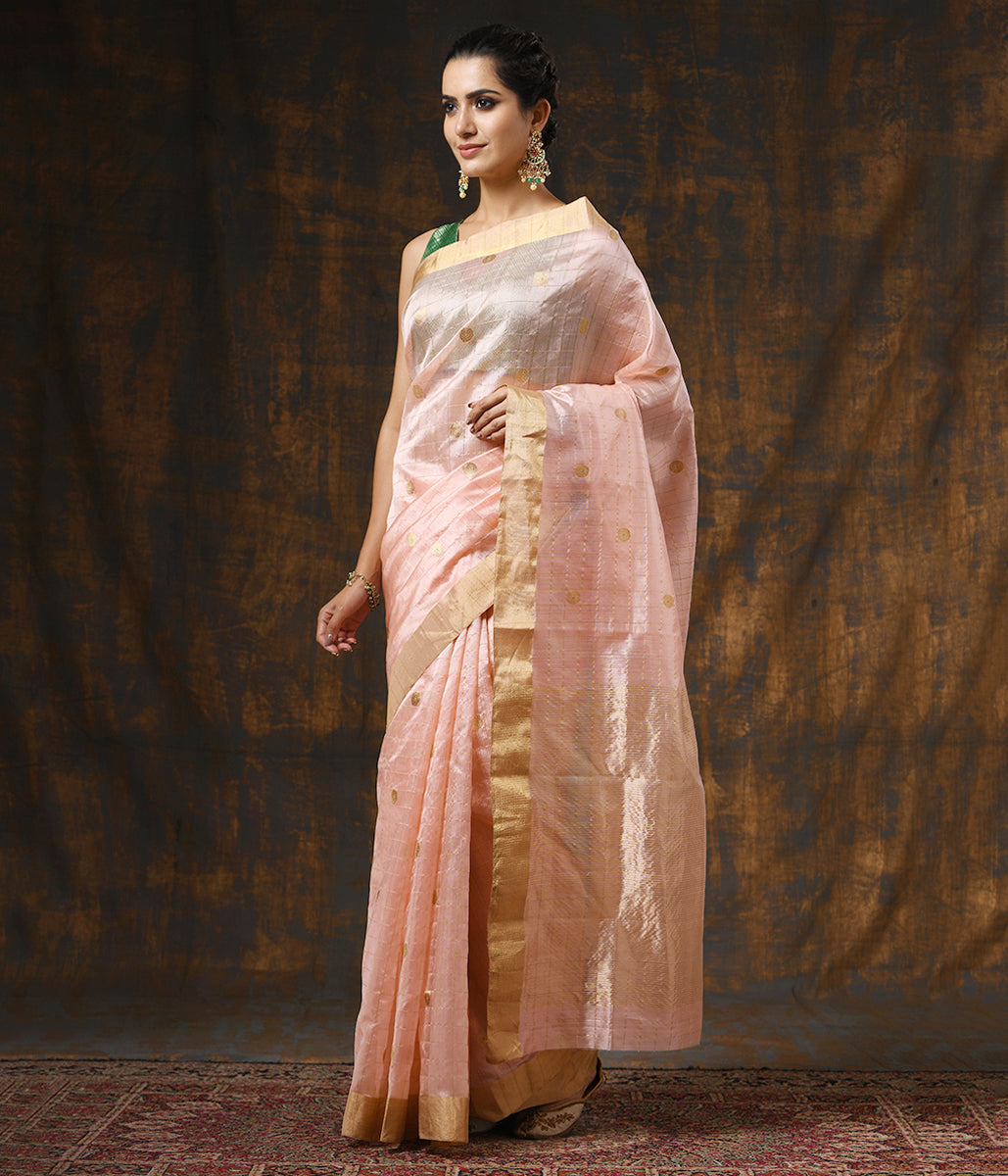 Handloom_Peach_Silk_Chanderi_Saree_with_Checks_and_Asharfi_Booti_WeaverStory_02