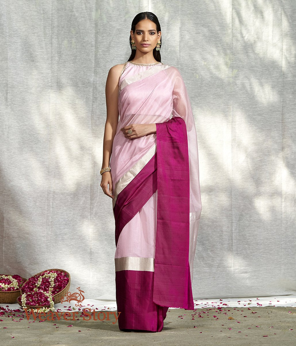 Handwoven_Pink_Plain_Saree_with_Purple_Mushroo_Border_WeaverStory_02