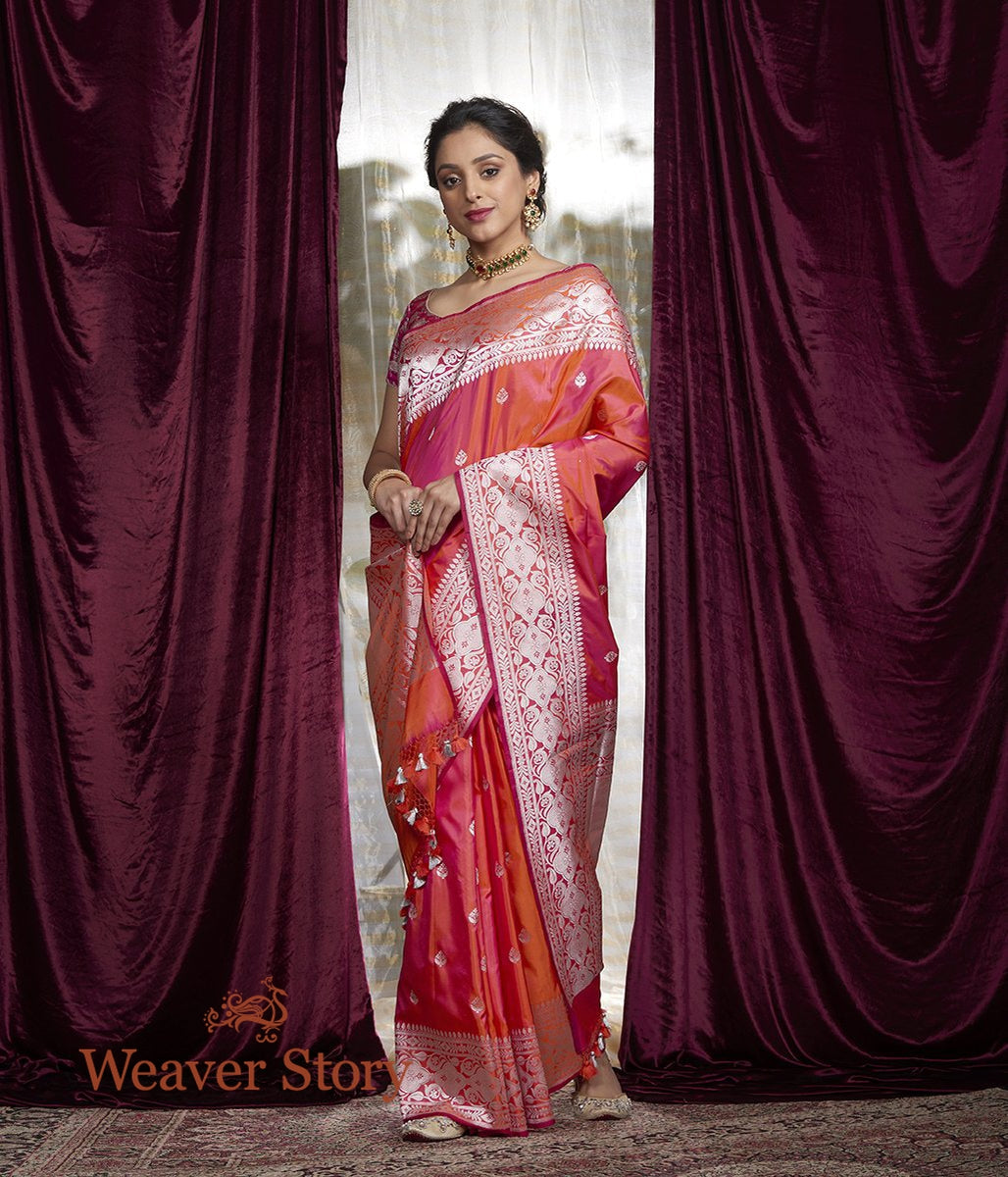 Handwoven_Orange_Pink_Kadhwa_Boota_Saree_with_Silver_Zari_WeaverStory_02