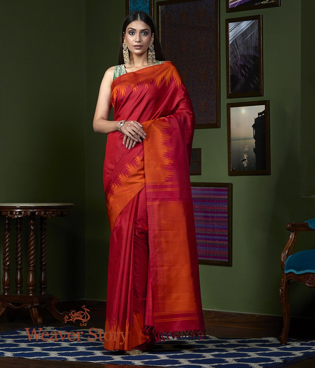 Handwoven_Red_Kanjivaram_Saree_with_Orange_Twill_Weave_Temple_Border_WeaverStory_02