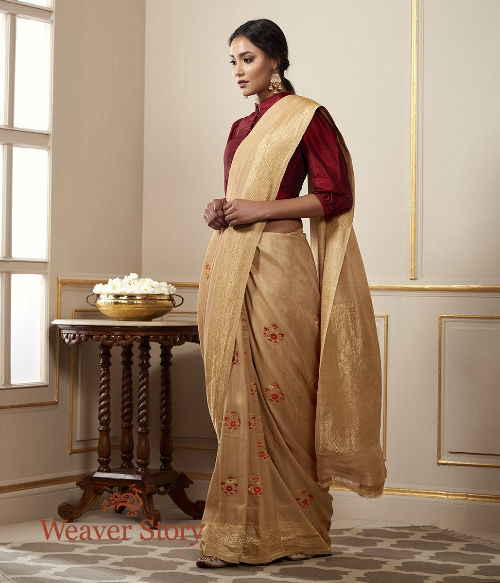 Handloom_Beige_Tusser_Georgette_Saree_with_Meenakari_Boota_WeaverStory_02
