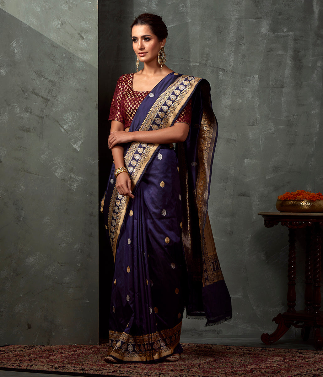 Handwoven_Navy_Blue_Kadhwa_Boota_Saree_with_Gold_and_Silver_Zari_WeaverStory_02