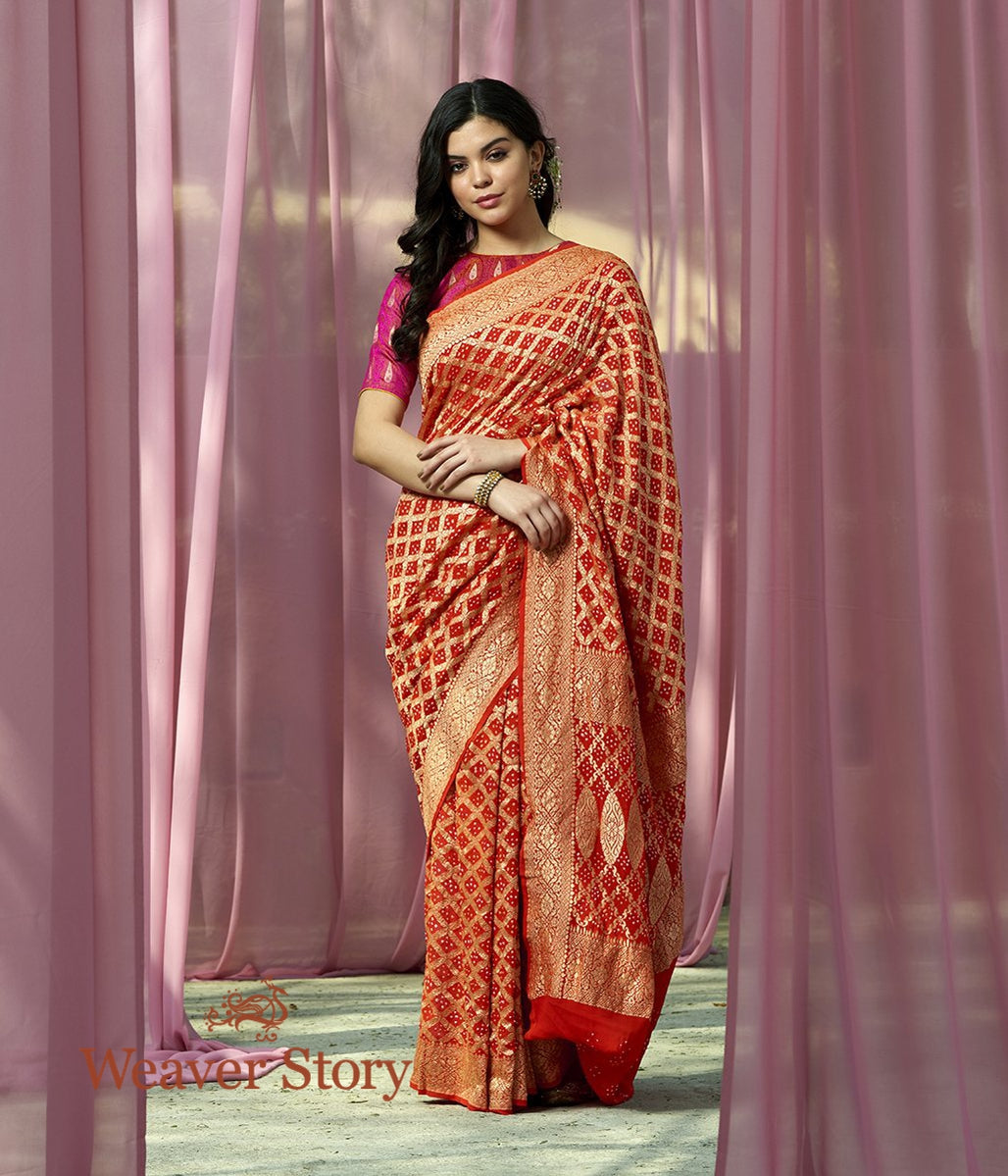 Handwoven_Orange_Banarasi_Bandhej_Saree_WeaverStory_02