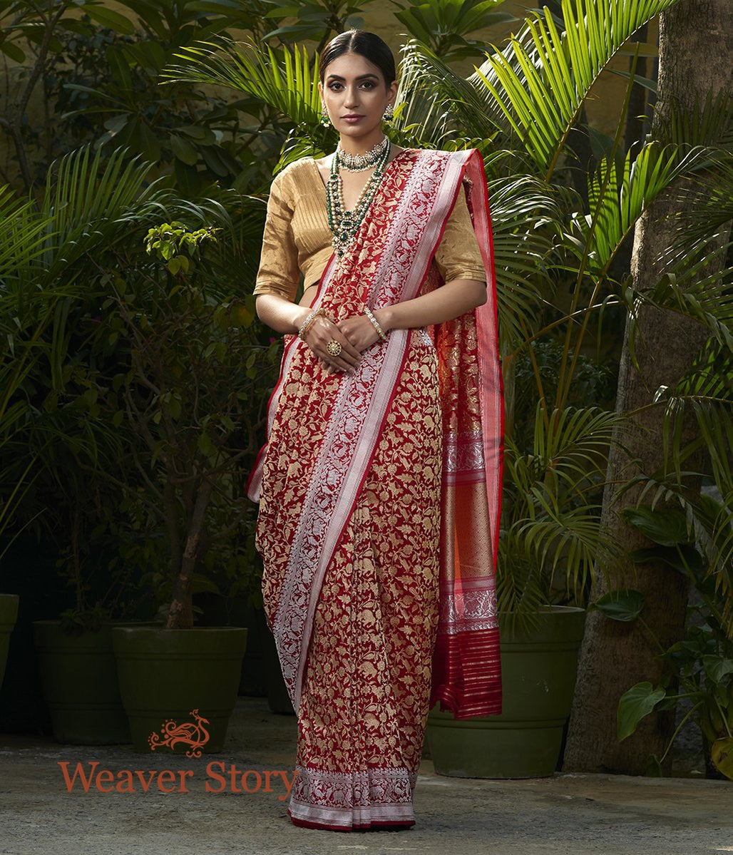 Handwoven_Red_Kadhwa_Shikargah_Saree_with_Silver_Zari_Border_WeaverStory_02