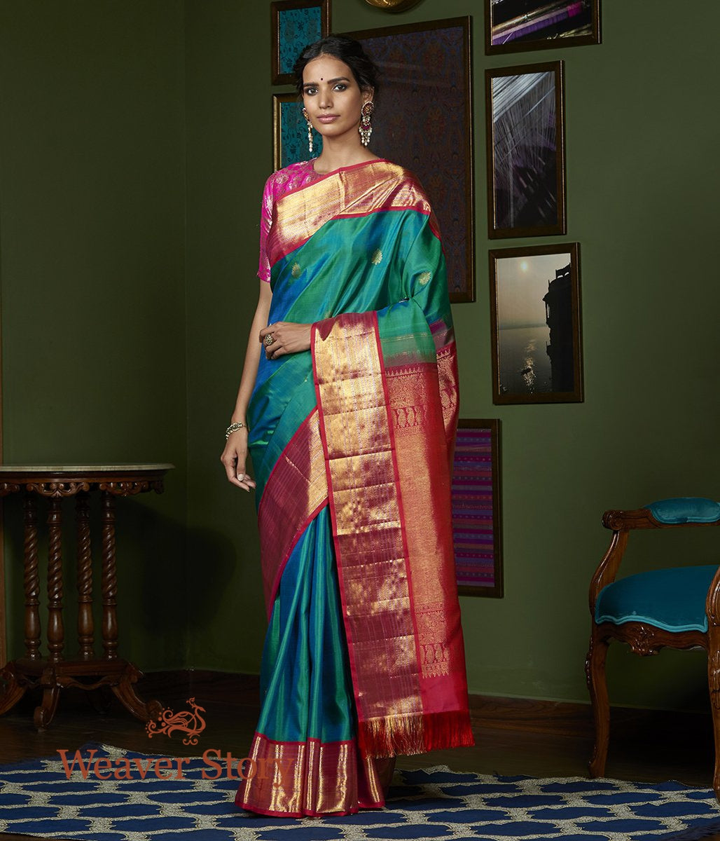 Handloom_Green_Kanjivaram_Silk_Saree_with_Pink_Border_WeaverStory_02