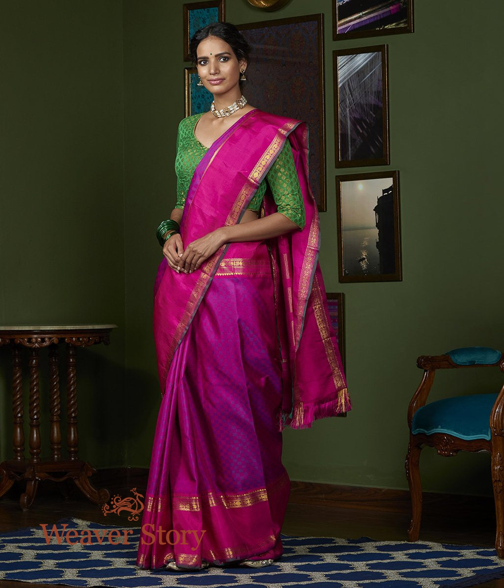 Handwoven_Pink_and_Purple_Self_Checks_Kanjivaram_Silk_Saree_with_Pink_Broad_Border_WeaverStory_02