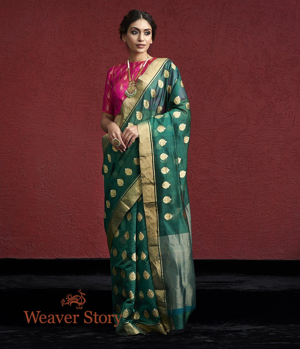 Handloom_Emerald_Green_Anaar_Booti_Chanderi_Saree_WeaverStory_02