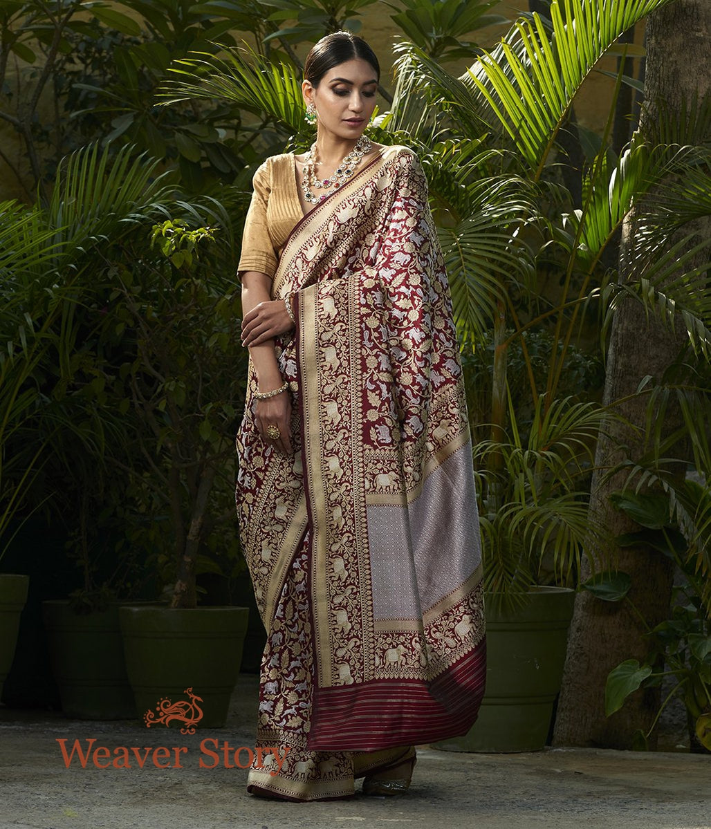 Handwoven_Maroon_Kadhwa_Shikargah_Saree_with_Silver_Zari_Border_WeaverStory_02