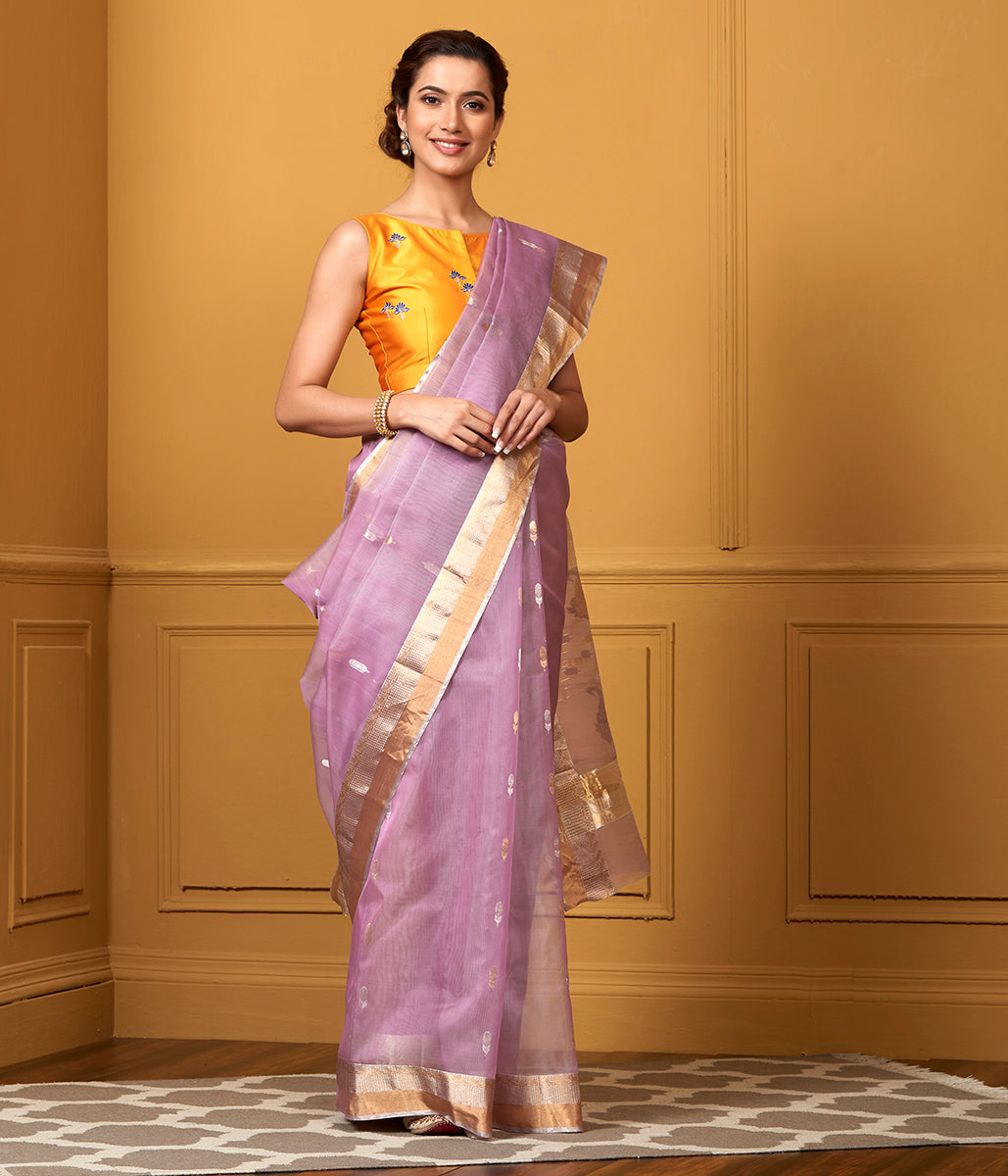 Handwoven_Mauve_Kora_Saree_with_Gold_Silver_Zari_Boota_WeaverStory_02