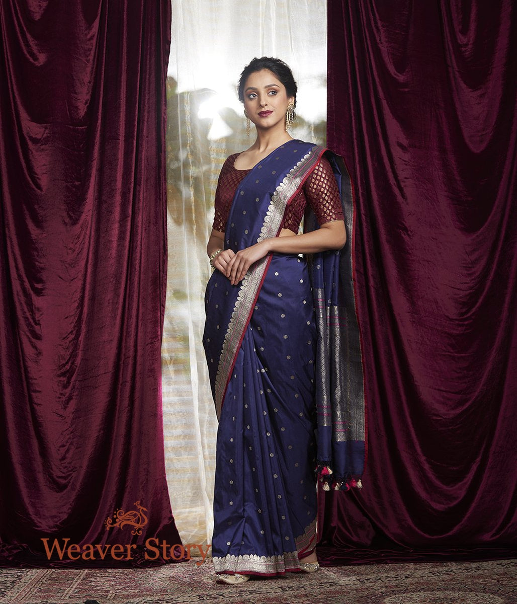 Handwoven_Blue_Kadhwa_Boota_Saree_with_a_Small_Border_WeaverStory_02