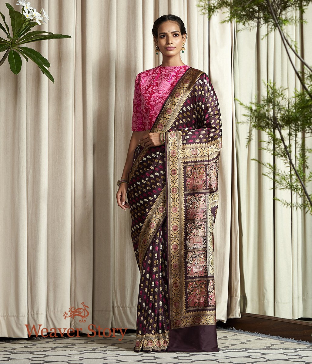 Banaras_Baluchari_saree_in_Brown_with_an_elaborate_elephant_pallu_WeaverStory_02
