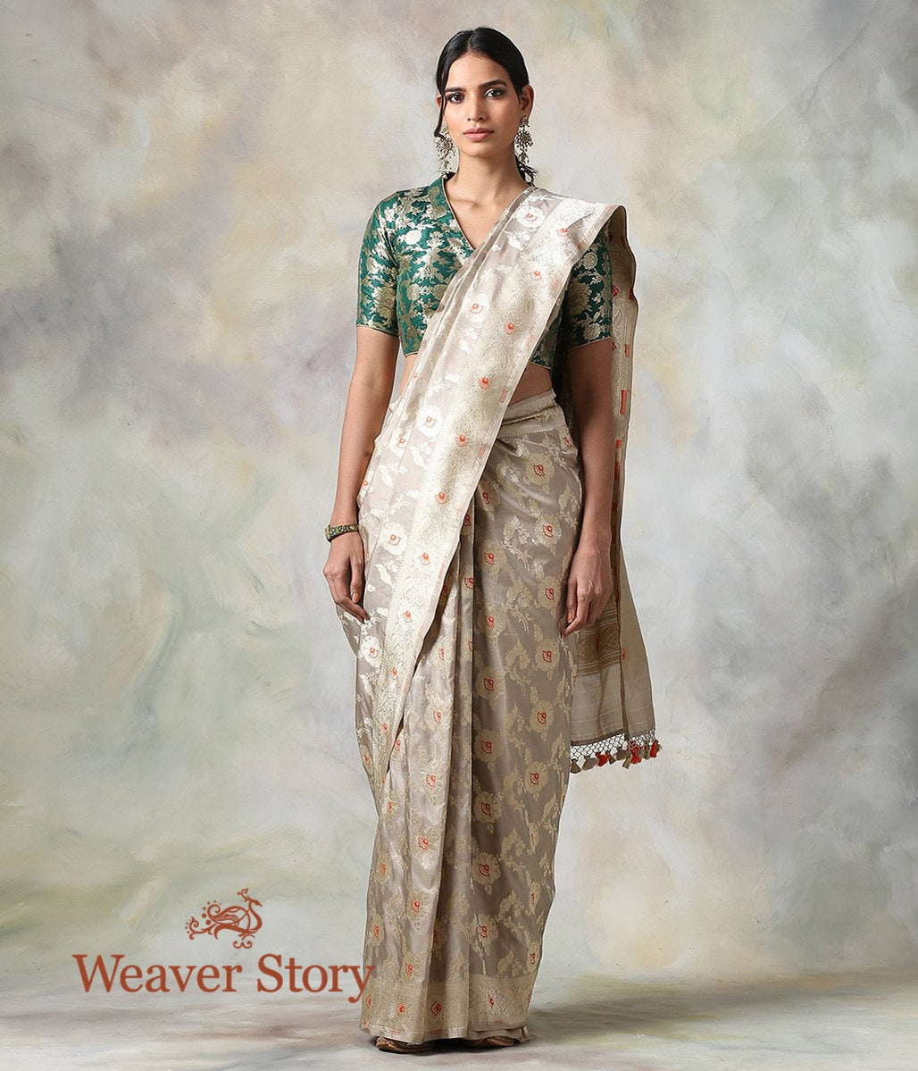 Handwoven_Beige_Grey_Cutwork_Jangla_Saree_with_Orange_Meenakari_WeaverStory_02