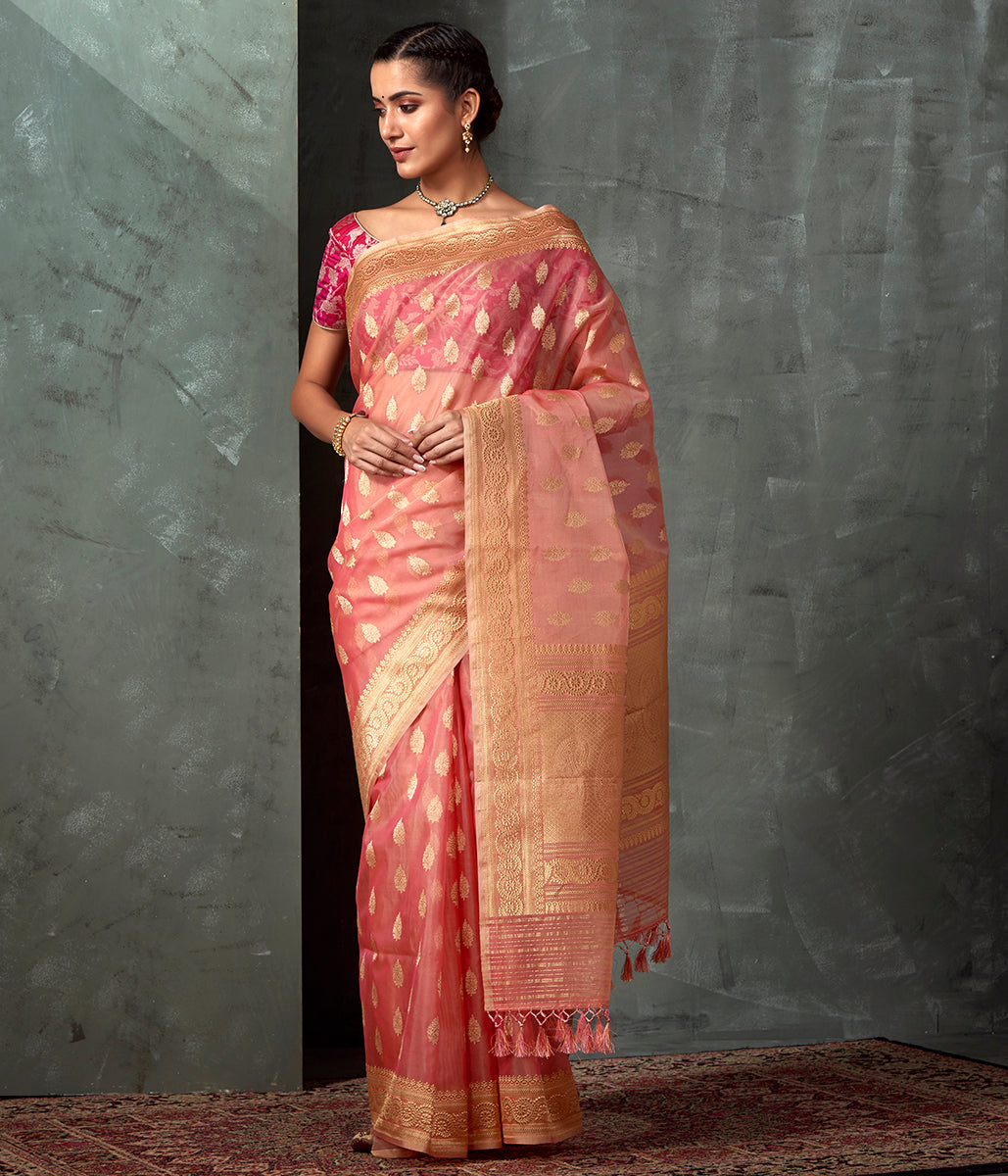 Handloom_Rose_Pink_Kora_Saree_with_Kadhwa_Booti_WeaverStory_02