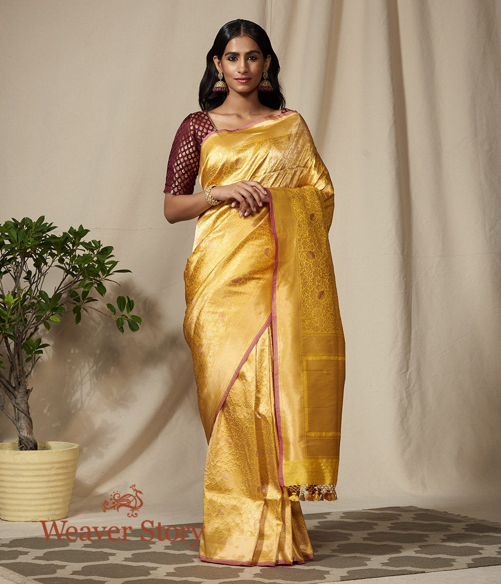 Handloom_Yellow_Kimkhab_Banarasi_Saree_with_Peach_Meenakari_WeaverStory_02