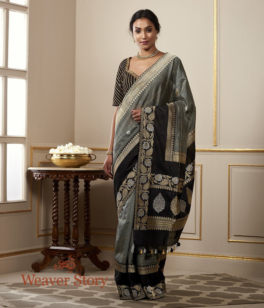 Handloom_Grey_Tusser_Silk_Saree_with_Checks_and_Contrast_Border_WeaverStory_02