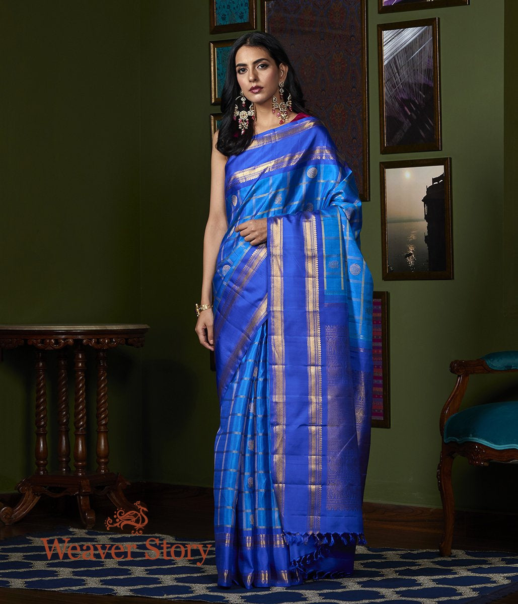 Handwoven_Cobalt_Blue_Real_Zari_Kanjivaram_Saree_with_Checks_WeaverStory_02