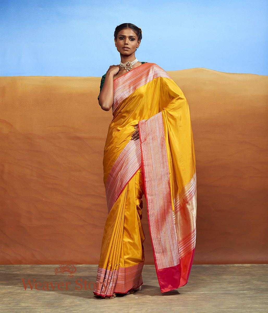 Handwoven_Yellow_Banarasi_Saree_with_Pink_Border_WeaverStory_02