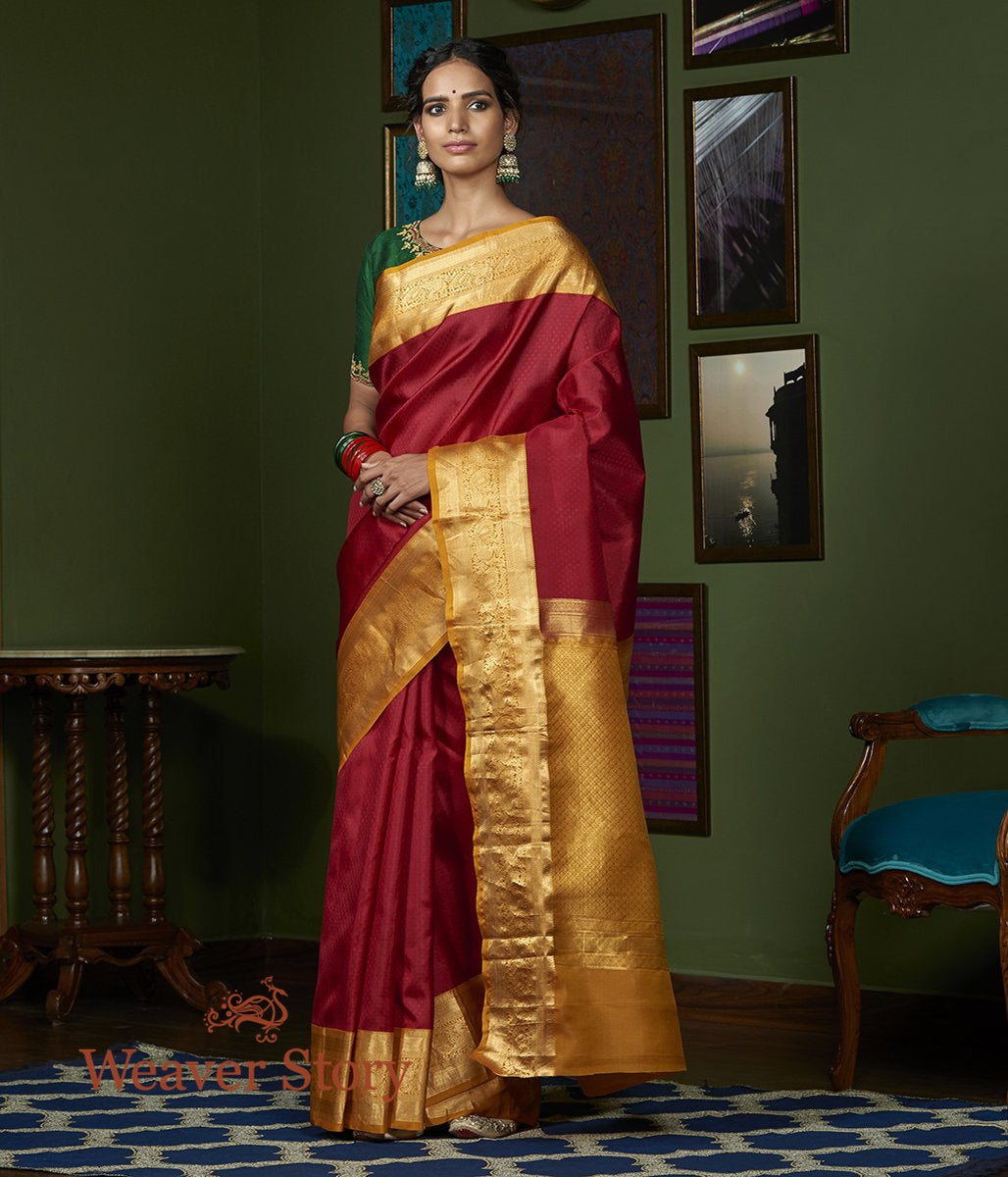 Handwoven_Maroon_Kanjivaram_Saree_with_Mustard_Annapakshi_Border_WeaverStory_02