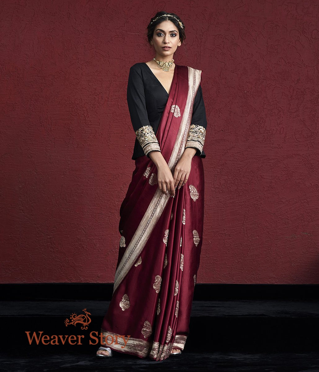 Handloom_Maroon_Gajji_Silk_Banarasi_Saree_with_Kairi_WeaverStory_02
