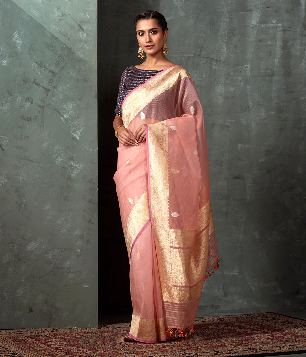Handwoven_Peach_Kora_Saree_with_Gold_Silver_Zari_Booti_WeaverStory_02