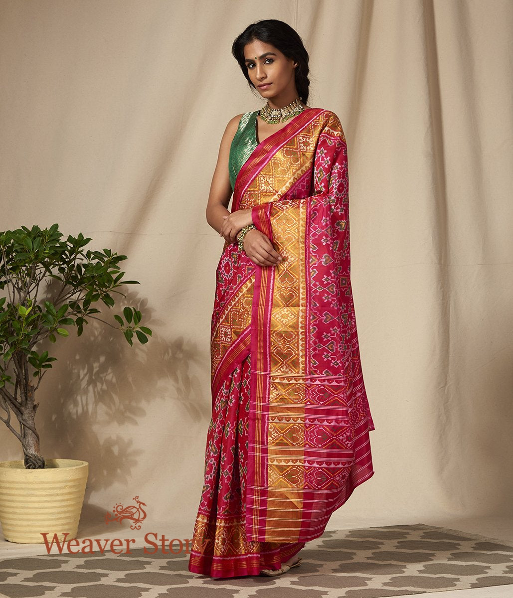 Handwoven_Pink_Gujarat_Patola_Saree_with_Gold_Tissue_Border_WeaverStory_02