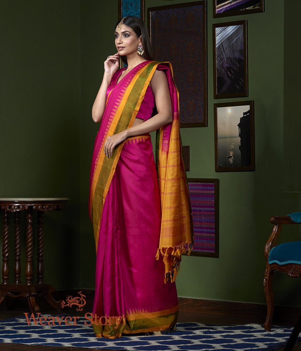 Handloom_Pink_Kanjivaram_Saree_with_Mustard_Temple_Border_WeaverStory_02