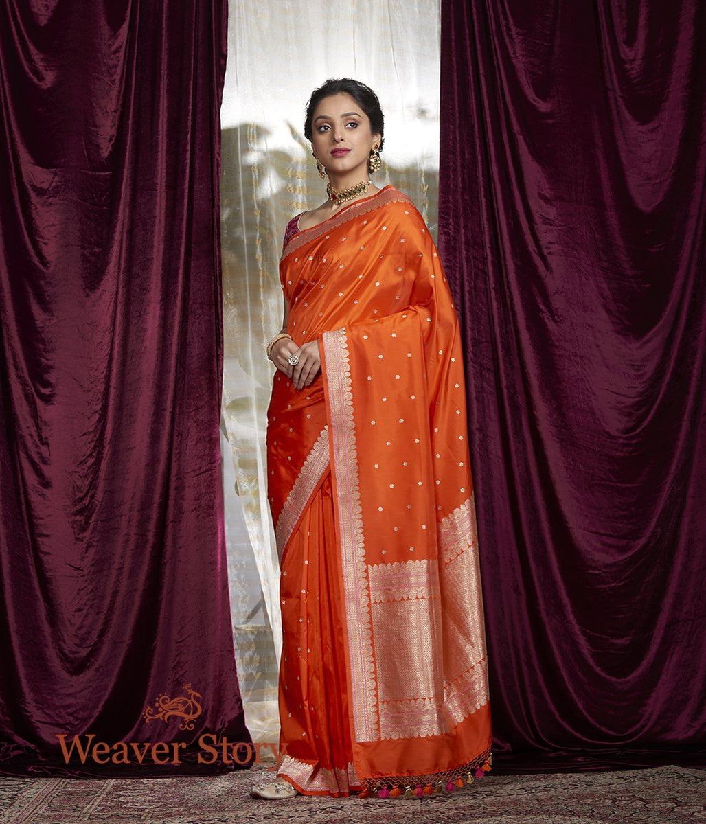 Handwoven_Orange_Kadhwa_Boota_Saree_with_Small_Border_WeaverStory_02