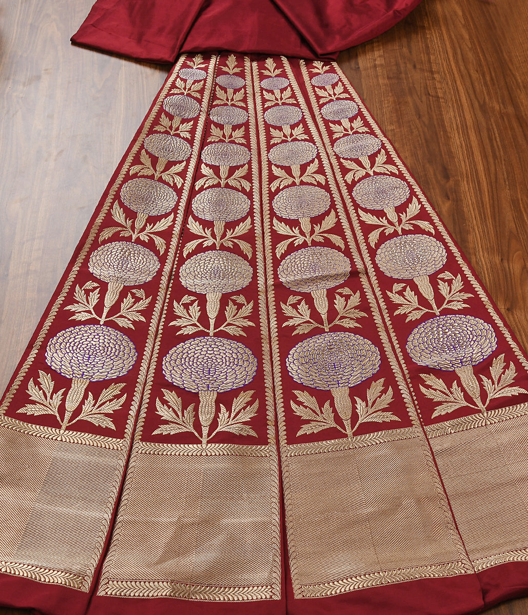 Handwoven_Deep_Mahroon_Marigold_Lehenga_WeaverStory_02