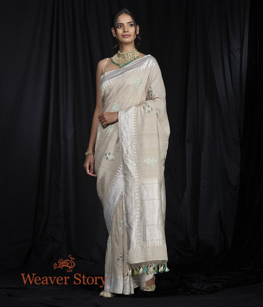 Handwoven_Tusser_Meenakari_Booti_Saree_with_Silver_Border_WeaverStory_02