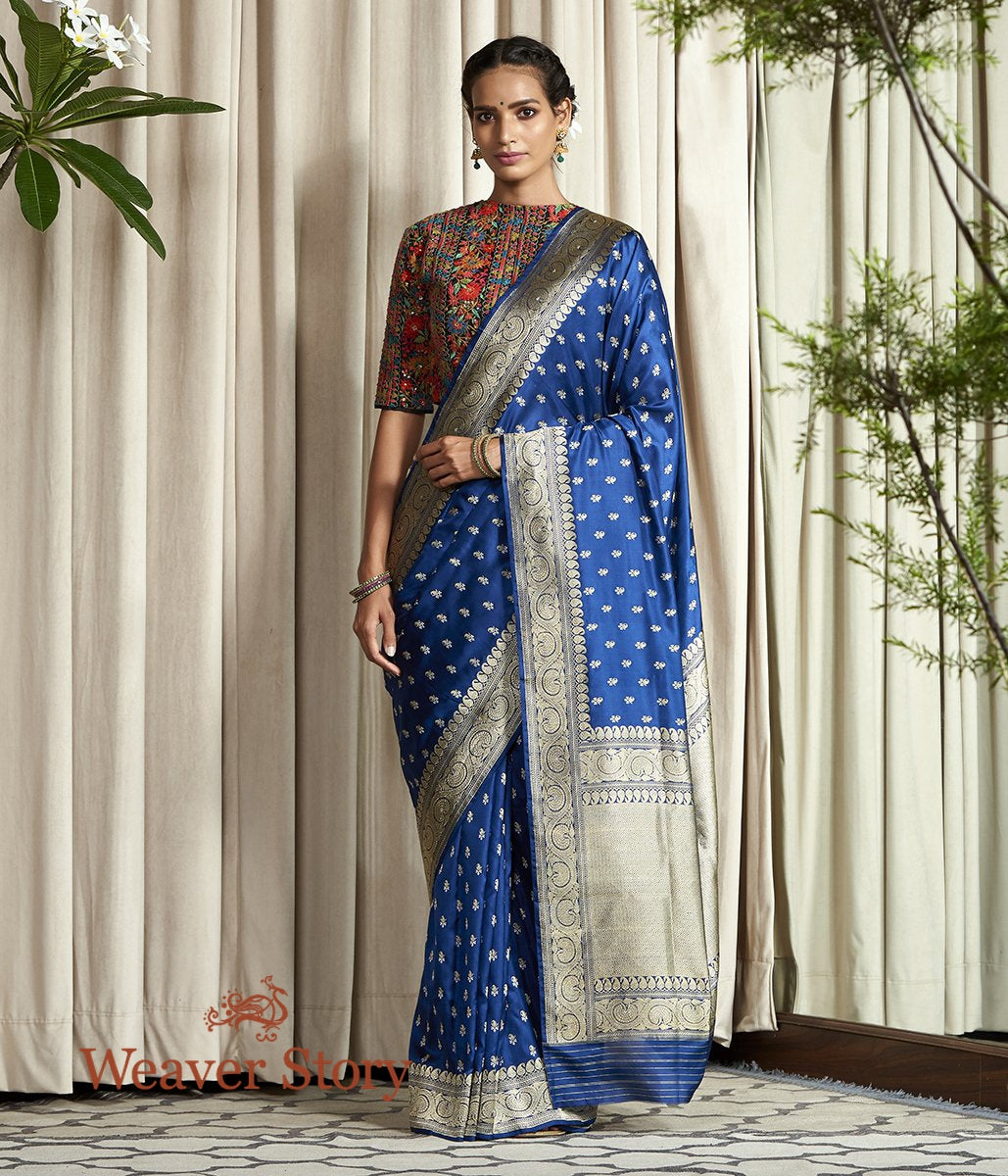 Handloom_Navy_Blue_Banarasi_Saree_Woven_with_Small_Zari_Booti_WeaverStory_02