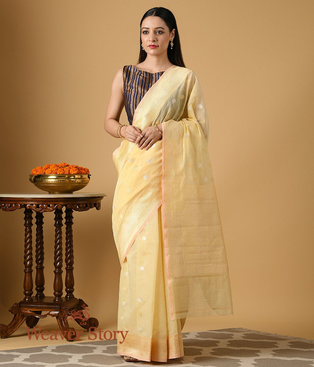 Handloom_Lemon_Yellow_Cotton_Kadhwa_Booti_Saree_WeaverStory_02